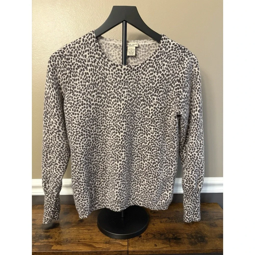Cashmere Sweater Beige Brown Black Animal Print Crew Neck Pullover Womens XL